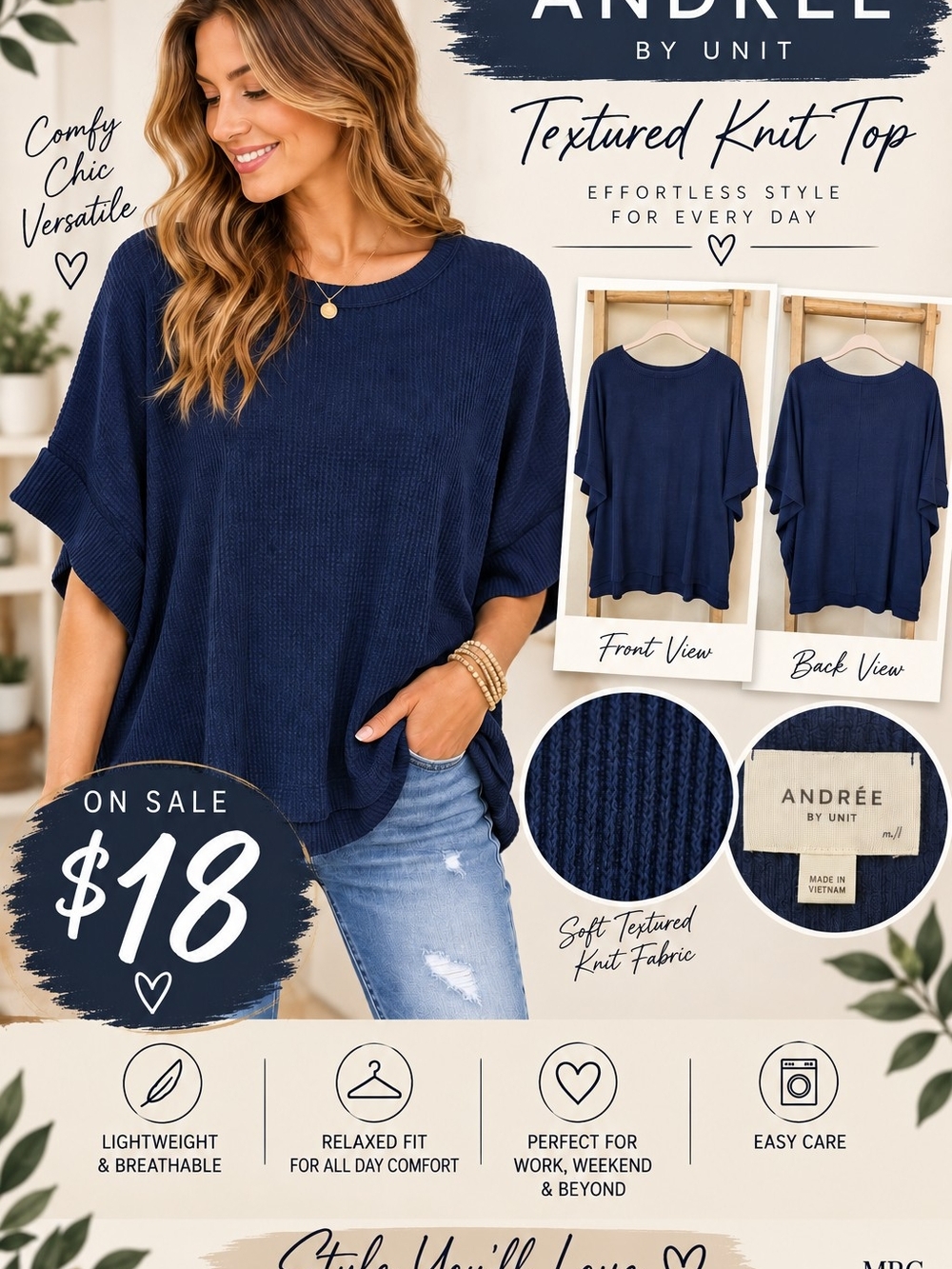 ANDREE BY UNIT Navy Textured Knit Relaxed Boxy Top